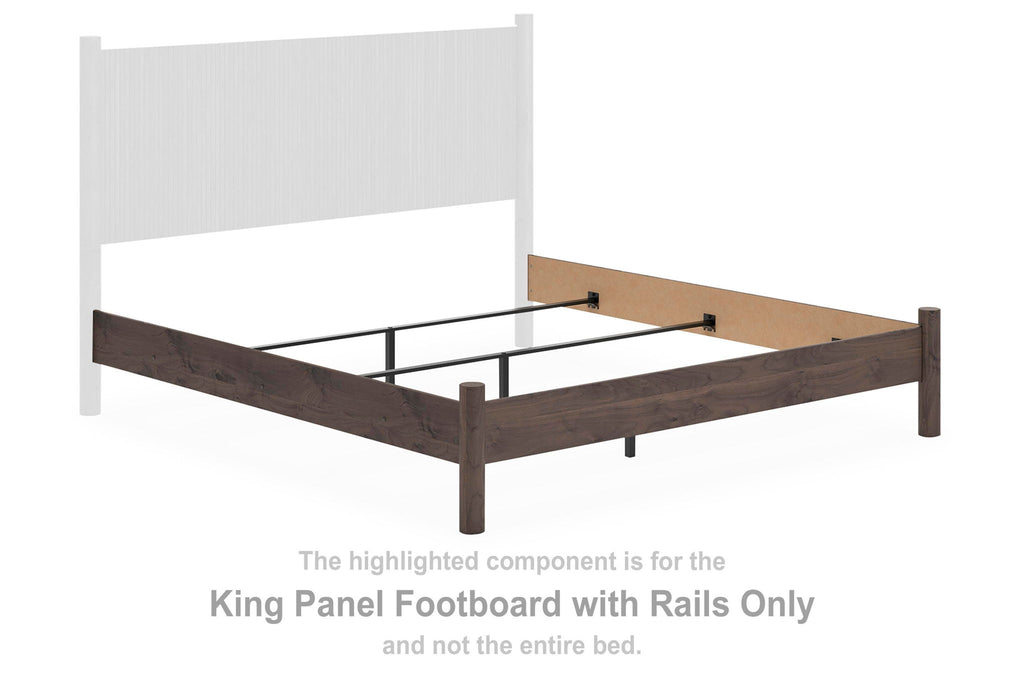 King panel footboard with rails in brown wood, with black metal side supports