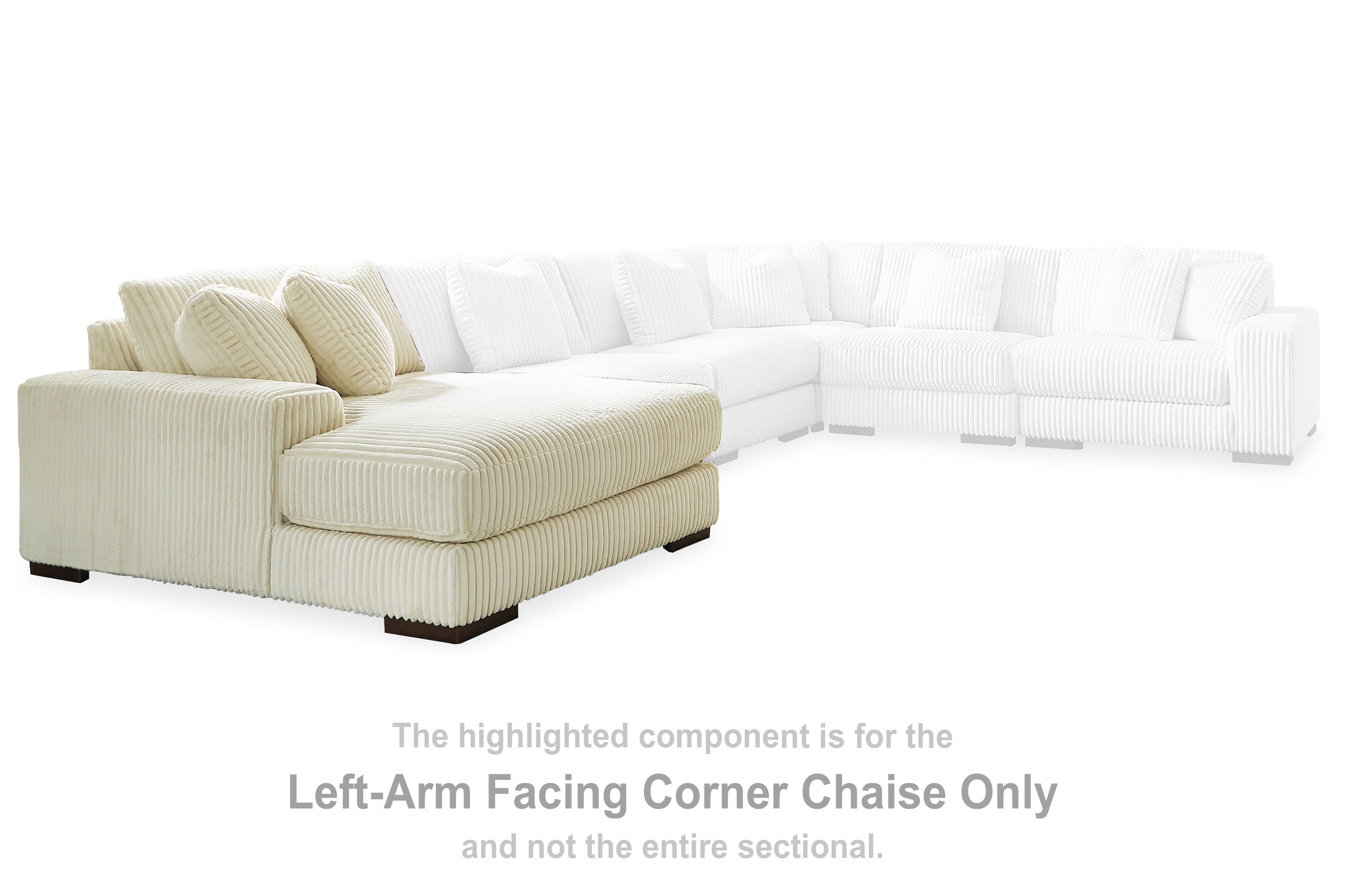 Ivory striped sectional chaise with left-facing arm and multiple back pillows