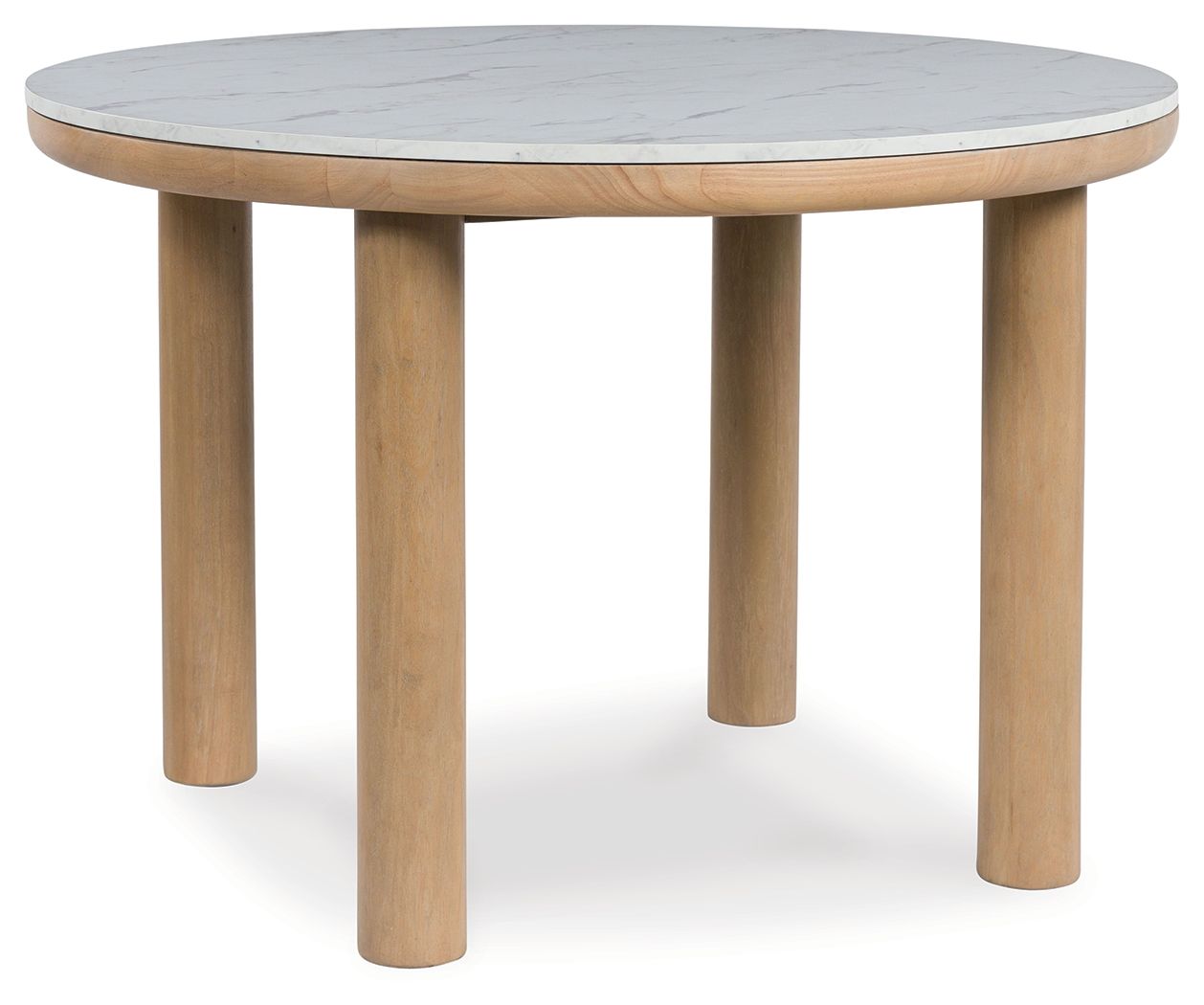 Light brown round dining table with four tapered legs and light gray marble-look top