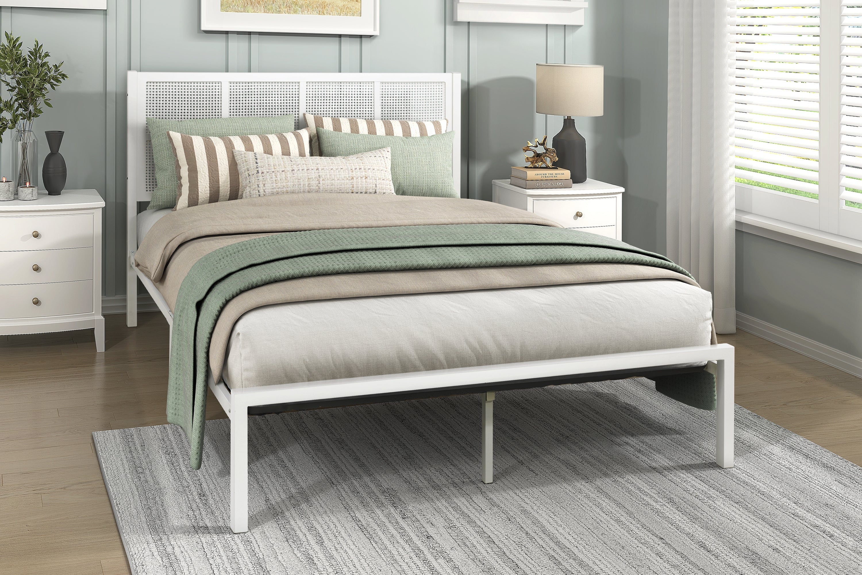Eastern King Platform Bed - White Metal Frame, Faux Cane Coastal Style