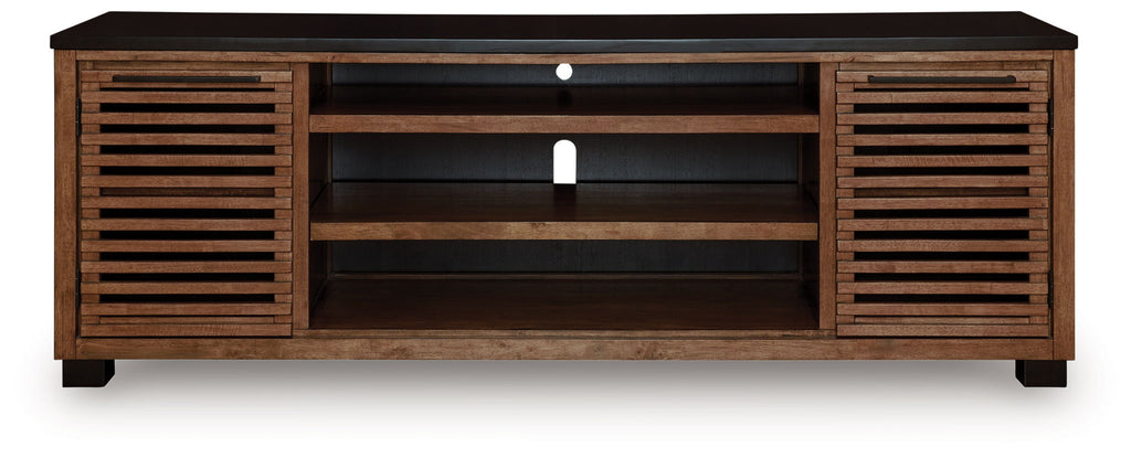 Dark brown TV stand with two slatted side panels and open central shelf