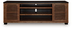 Dark brown TV stand with two slatted side panels and open central shelf