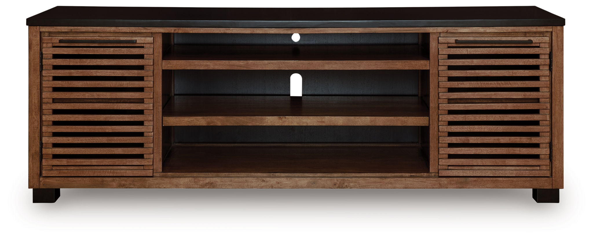 Dark brown TV stand with two slatted side panels and open central shelf