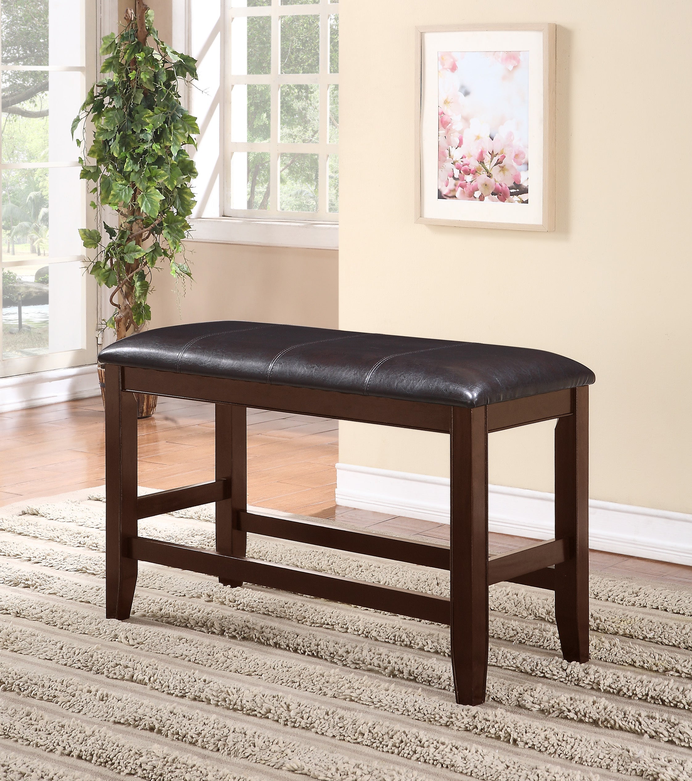 Farmhouse Brown Espresso Counter Height Bench Faux Leather