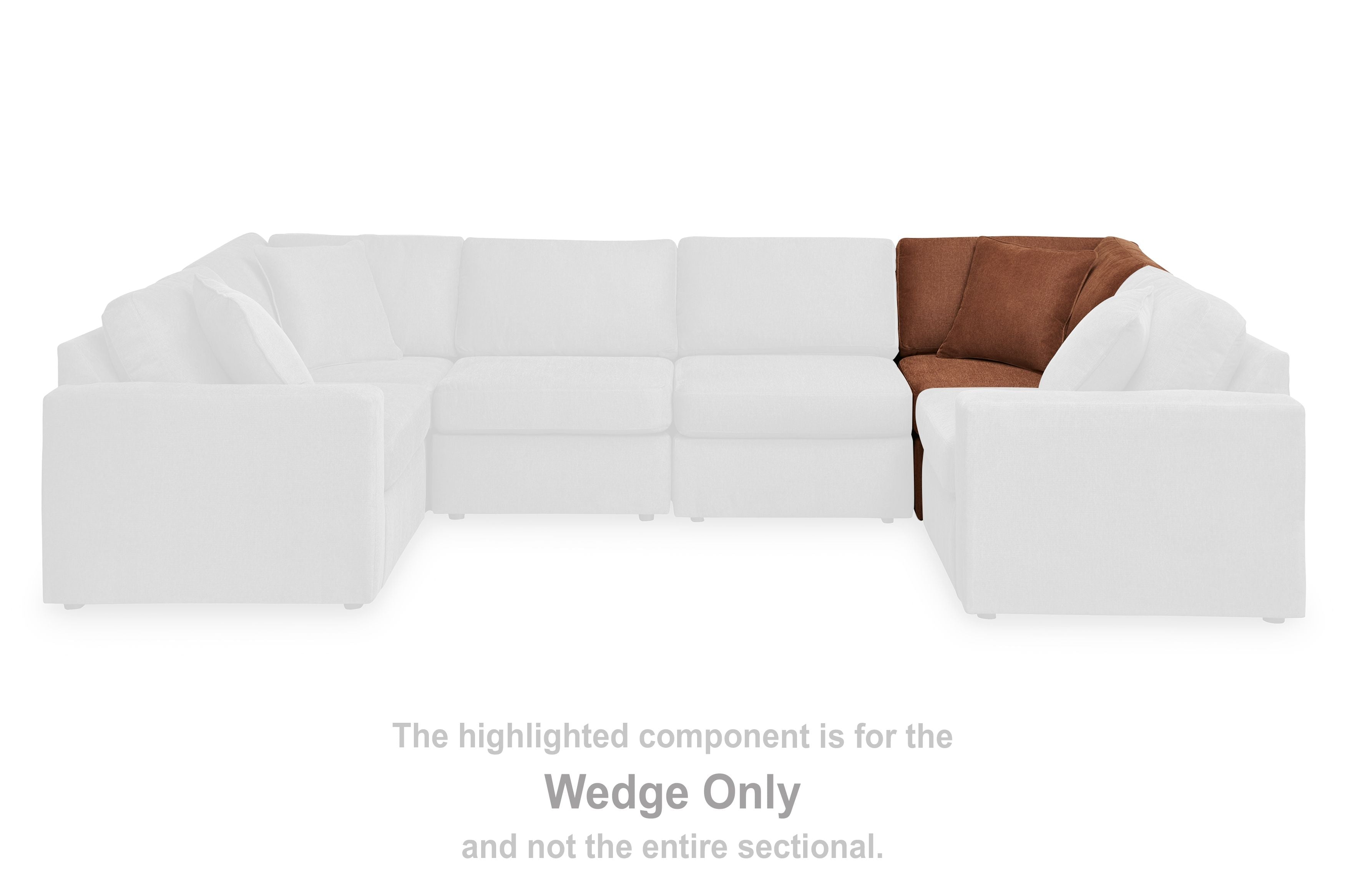 Brown wedge-only sectional seat with two arm sections and back cushion