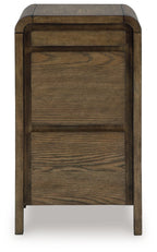 Brown wooden accent table with two-panel front and tapered legs