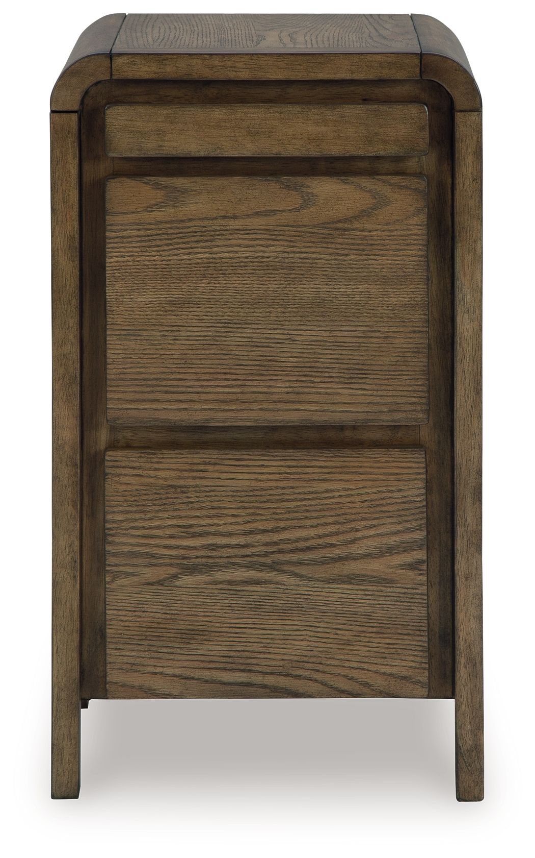 Brown wooden accent table with two-panel front and tapered legs