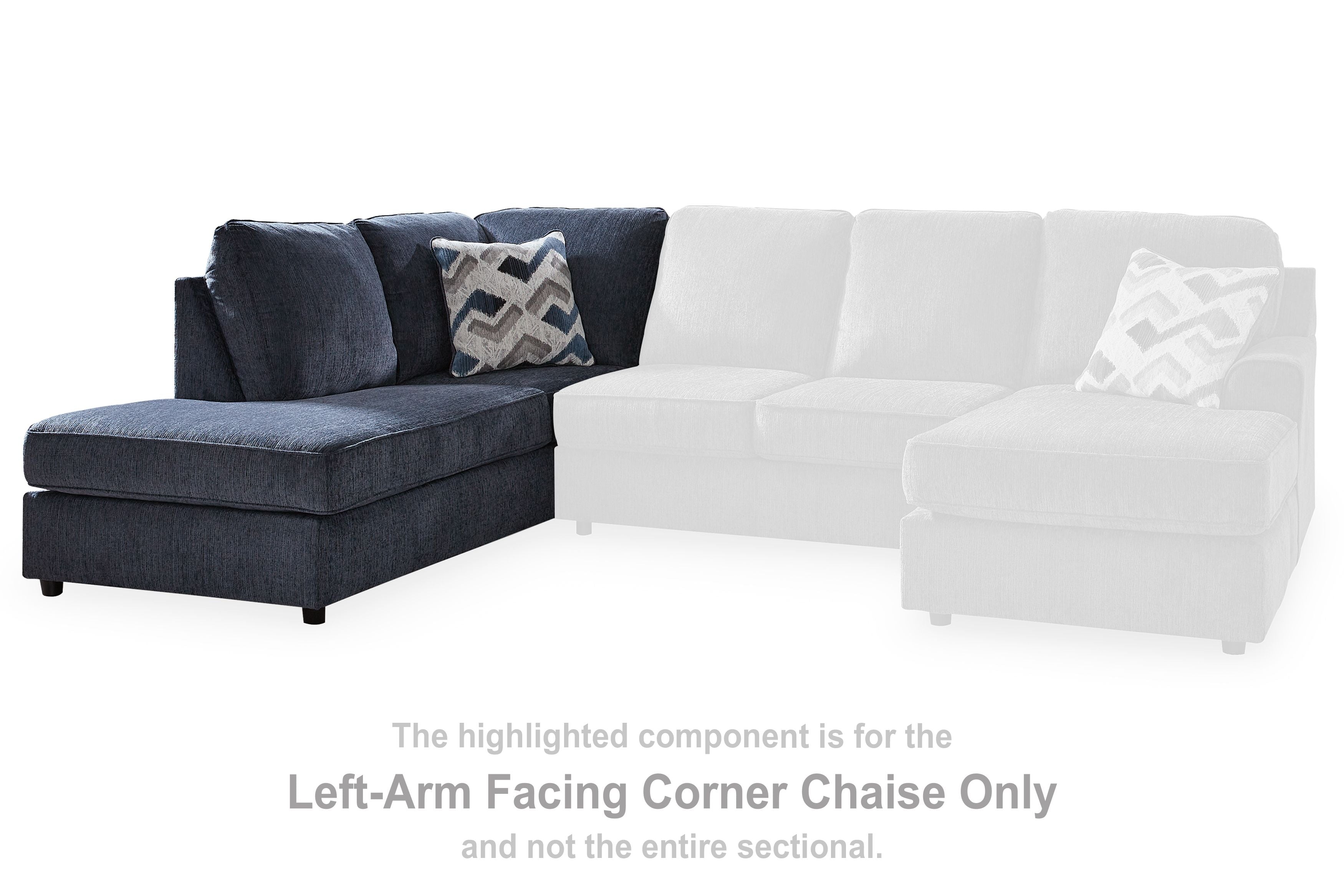 Left-arm facing cobalt corner chaise section with dark upholstery and back cushions, highlighted