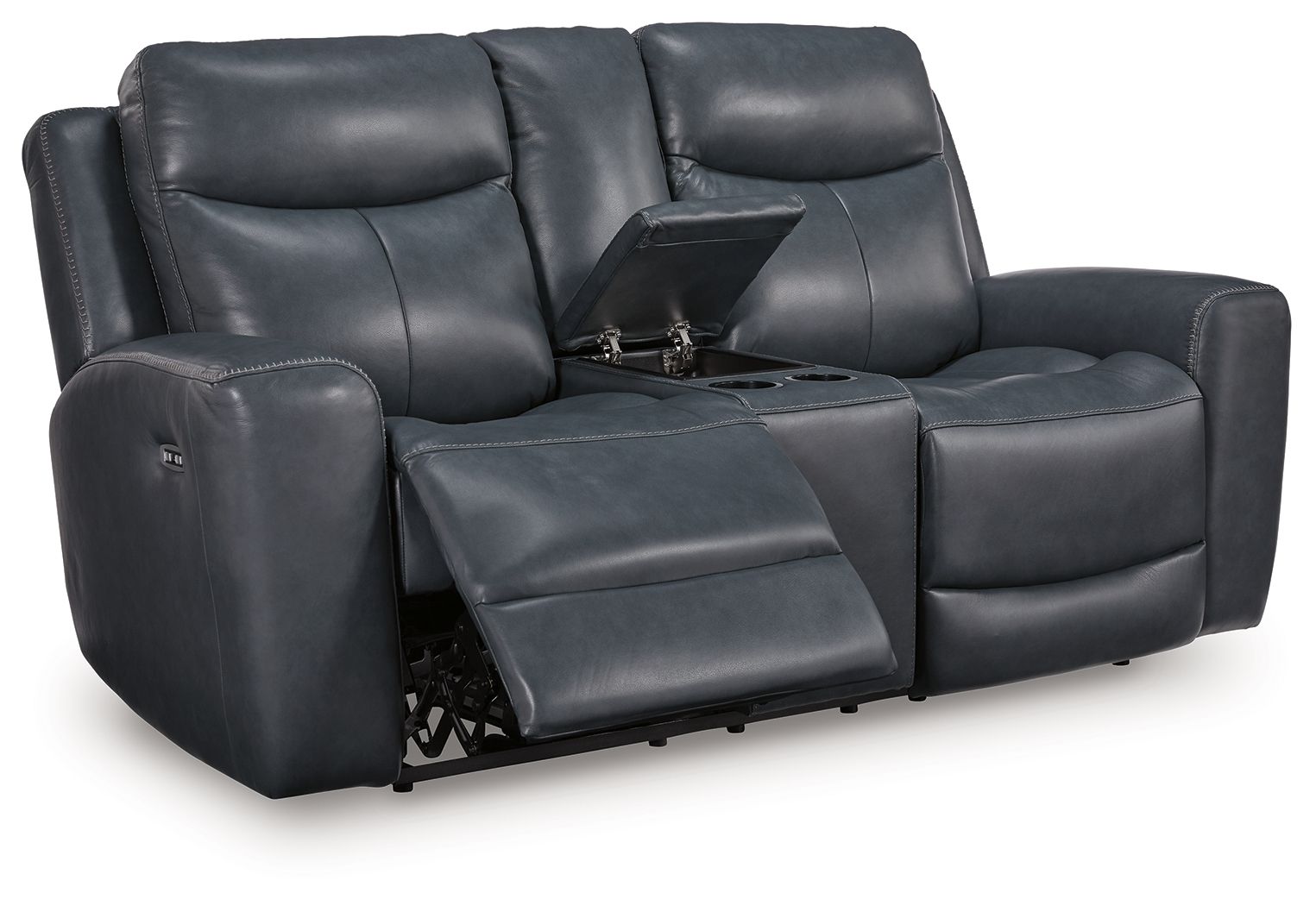 Blue power reclining loveseat with console and adjustable headrests