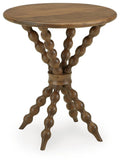Light brown round accent table with carved pedestal legs