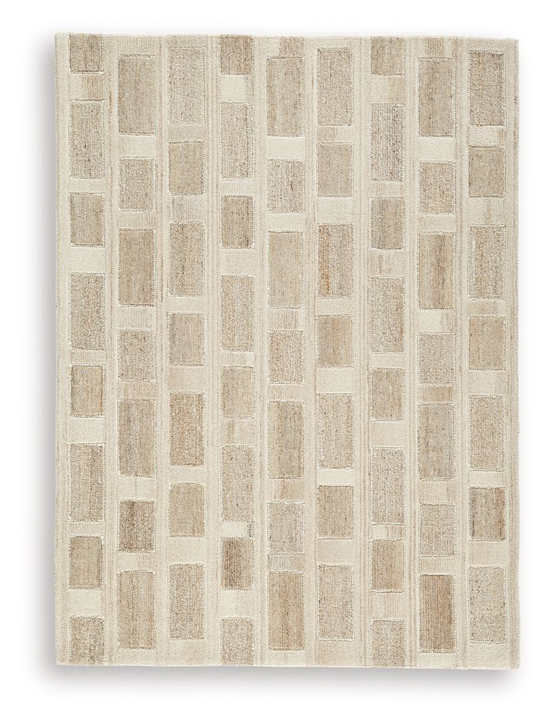 Beige geometric area rug, centered pattern of blocks and stripes with short pile