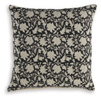 Black floral decorative pillow with beige vine and leaf pattern