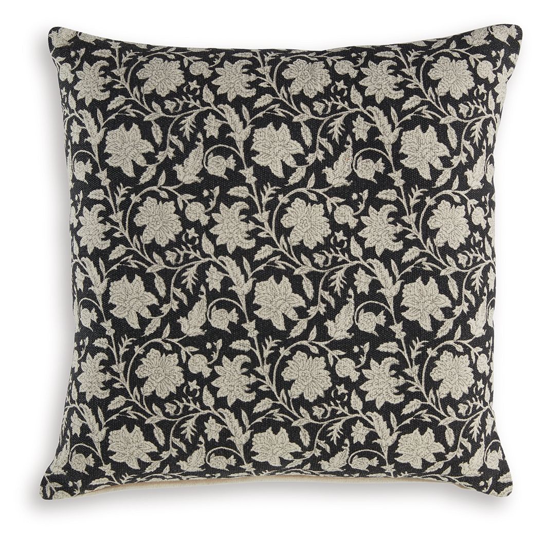Black floral decorative pillow with beige vine and leaf pattern