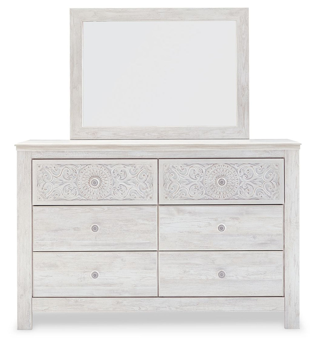 Whitewash dresser with attached mirror, six drawers with medallion panel detailing