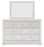 Whitewash dresser with attached mirror, six drawers with medallion panel detailing