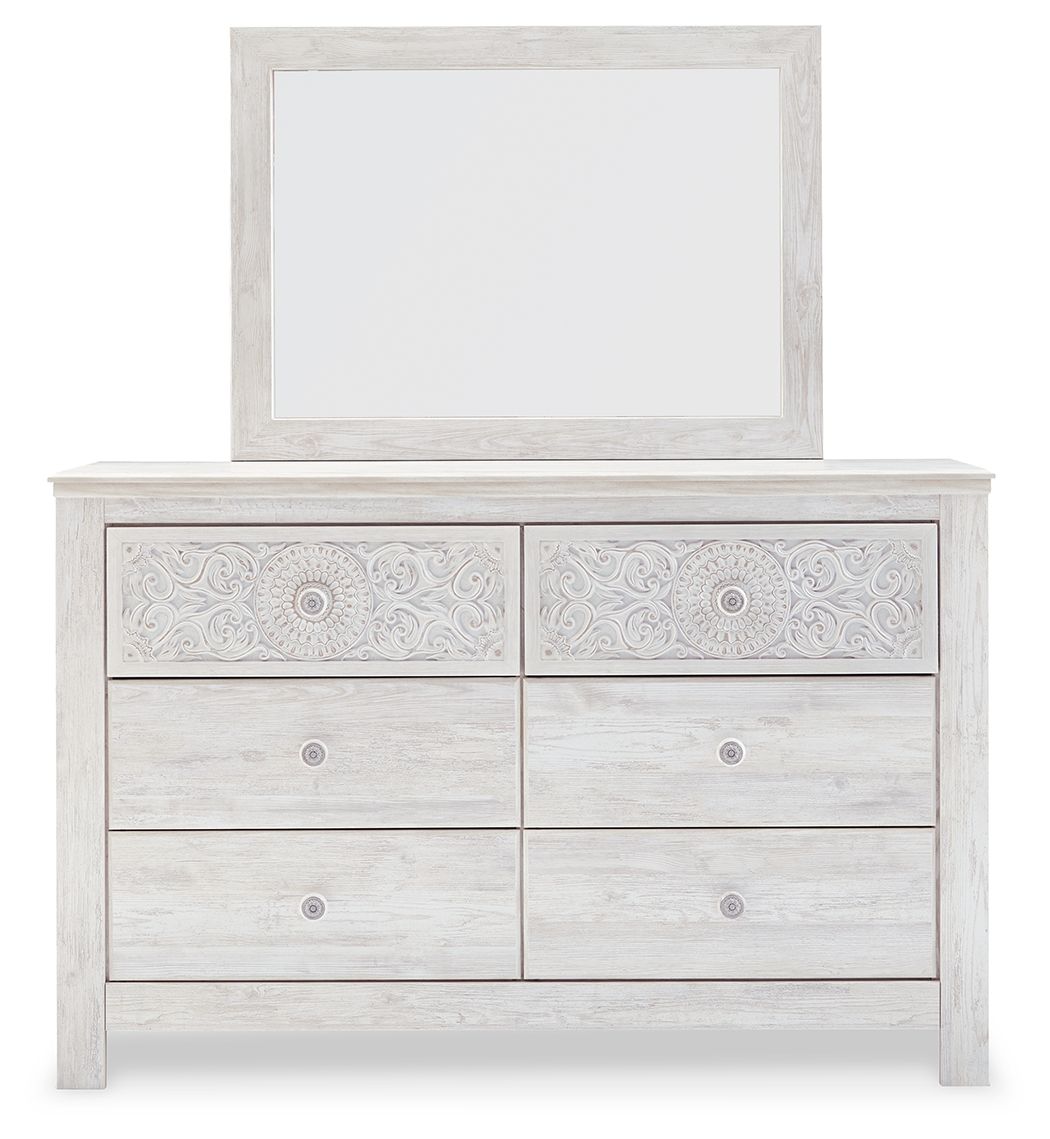 Whitewash dresser with attached mirror, six drawers with medallion panel detailing
