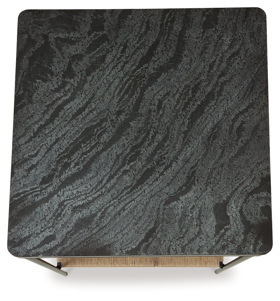 Dark textured tabletop corner with rounded edges and two visible support brackets