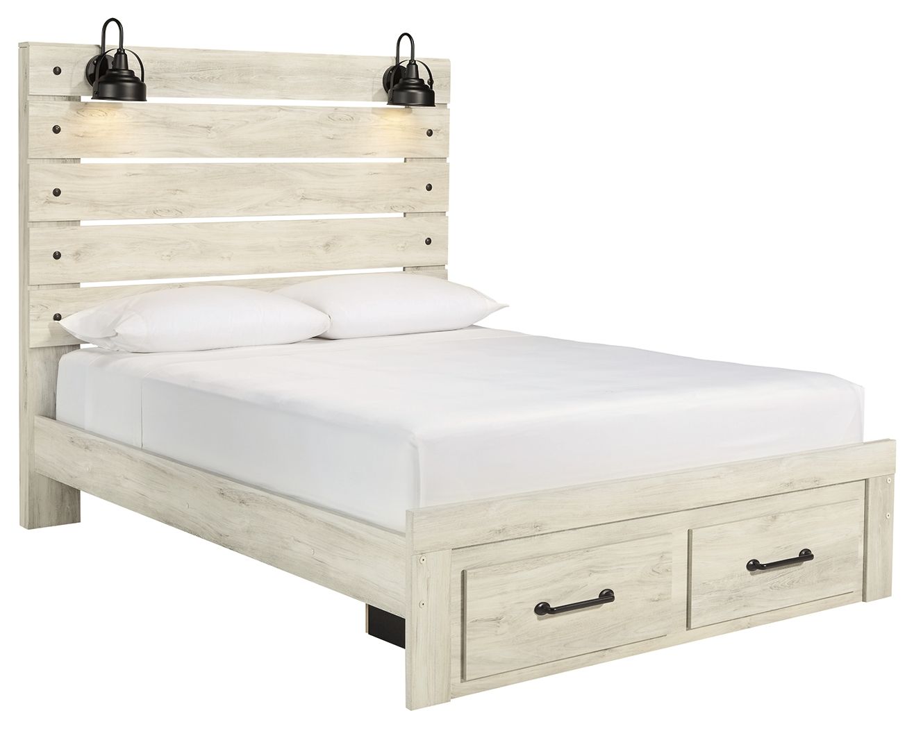Cambeck panel bed with 2 drawers, beige wood, slatted headboard, white mattress.