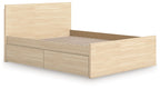 Light brown panel platform bed with slatted base and two side storage drawers