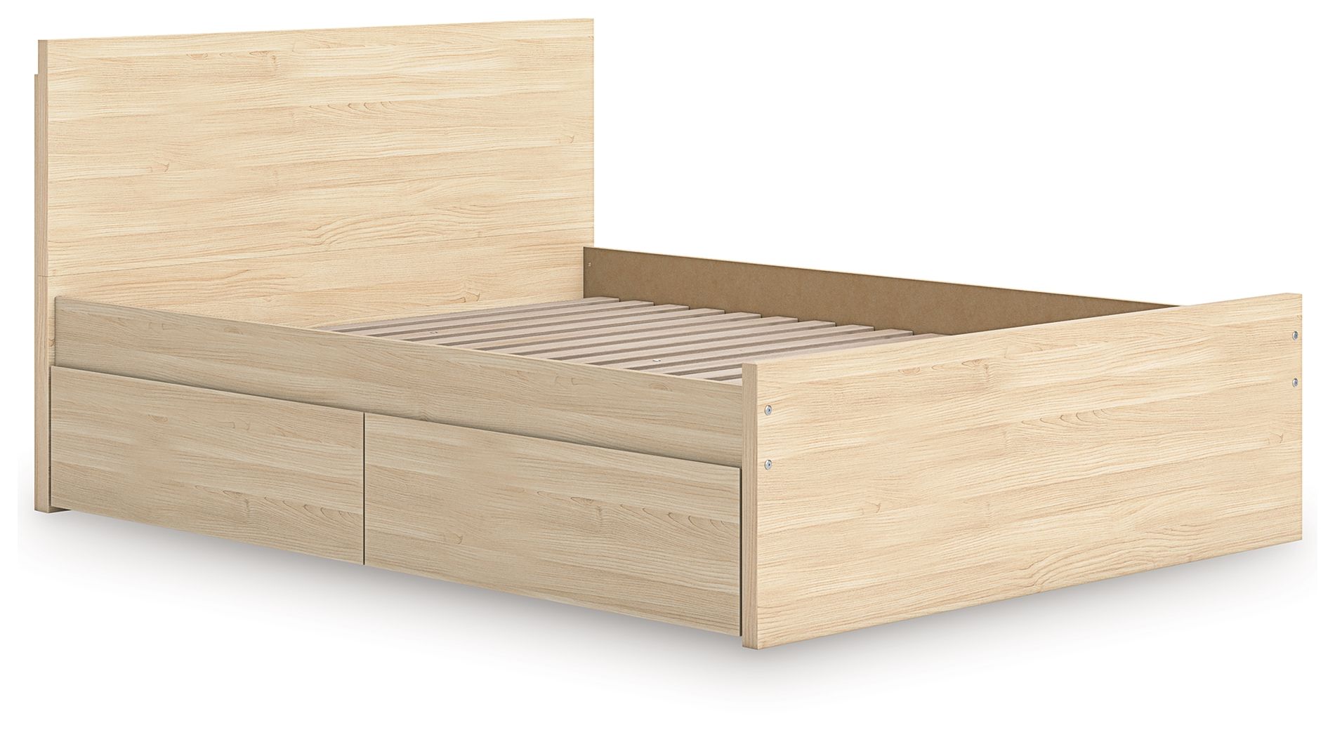 Light brown panel platform bed with slatted base and two side storage drawers