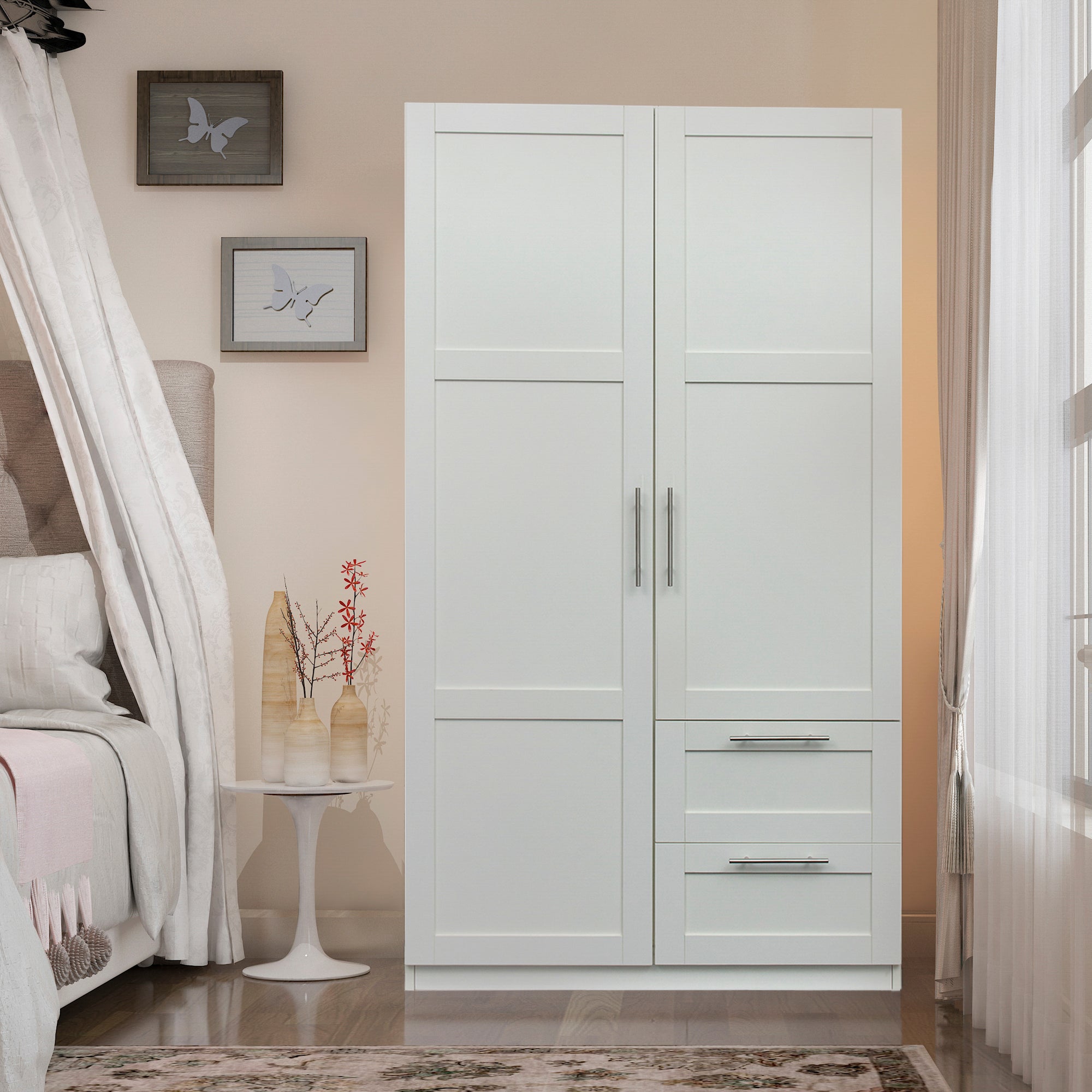 White High Wardrobe & Kitchen Cabinet: 2 Doors, 2 Drawers, 5 Storage