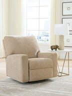 Light brown rocker recliner chair with padded headrest and cushioned armrests