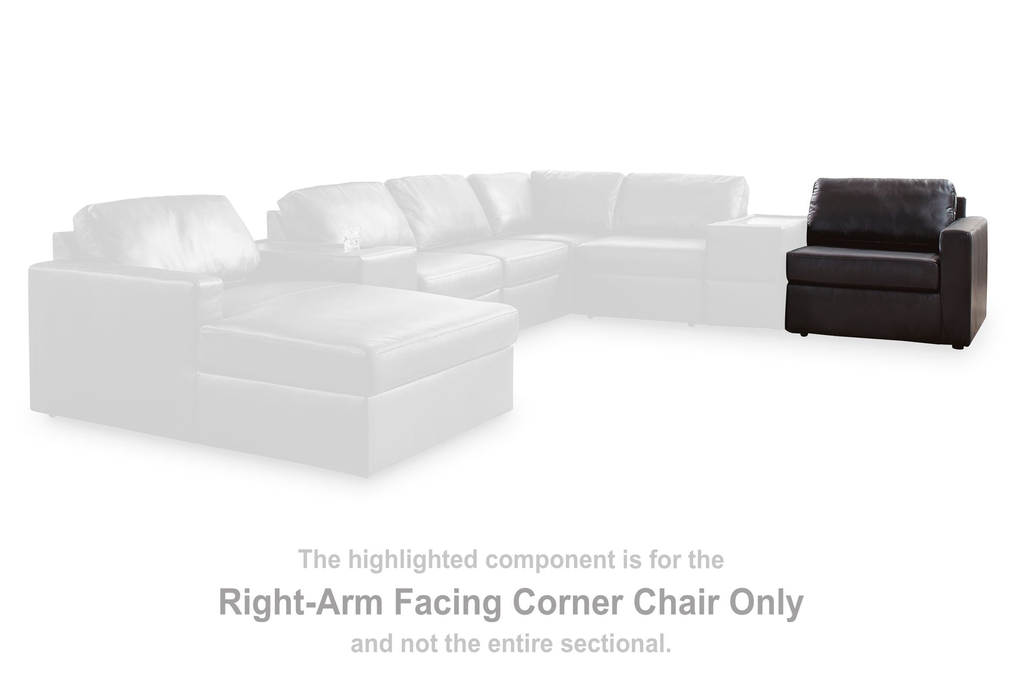 Black right-arm facing corner chair component with padded seat and backrest
