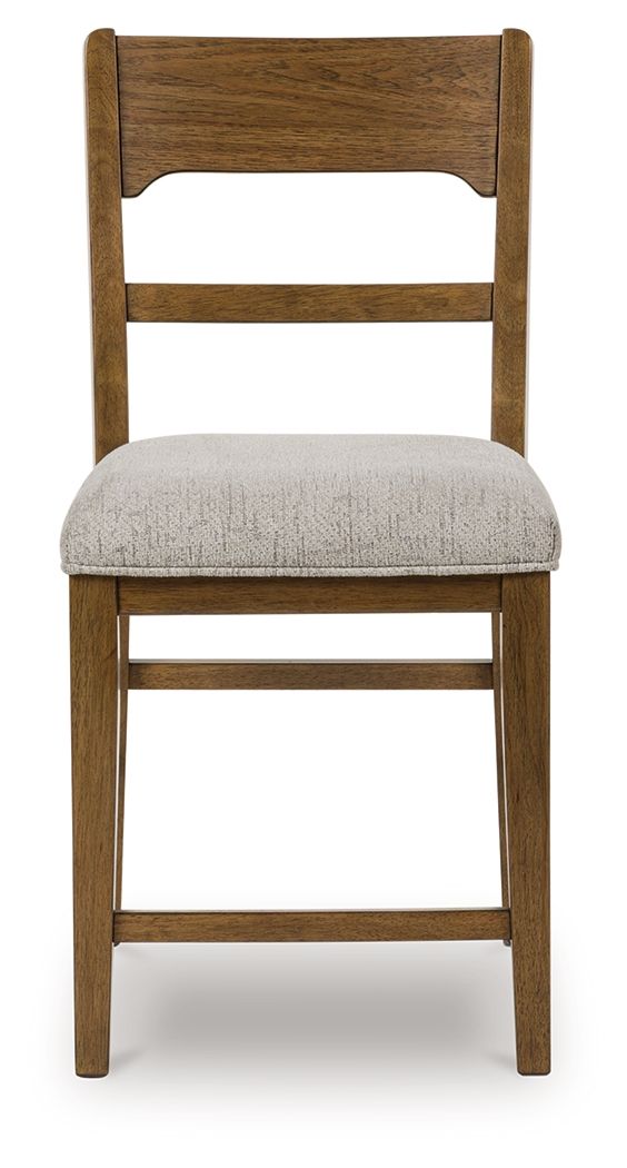 Upholstered barstool with light gray padded seat and light brown wood back and legs.