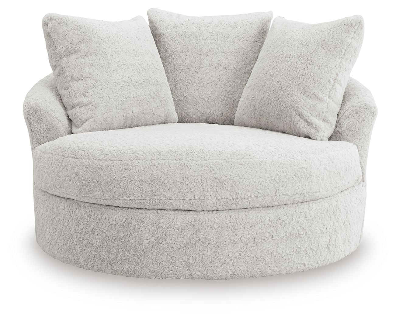 Swivel accent chair with curved round seat and three back cushions, light beige.