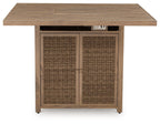 Square fire pit bar table with driftwood finish, flat wood top, woven rattan double doors