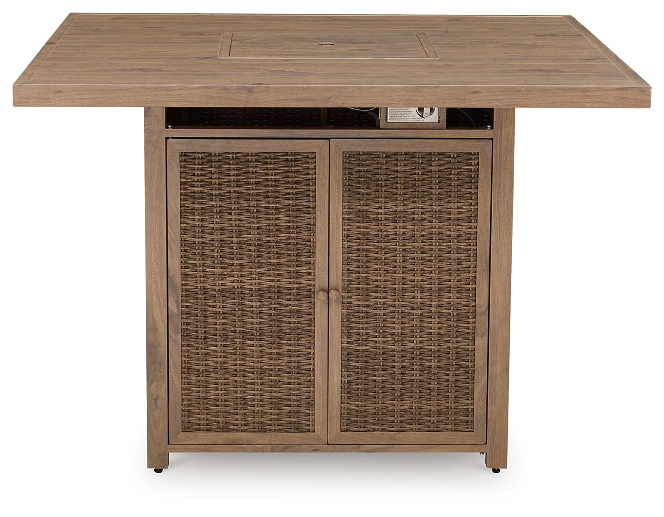 Square fire pit bar table with driftwood finish, flat wood top, woven rattan double doors