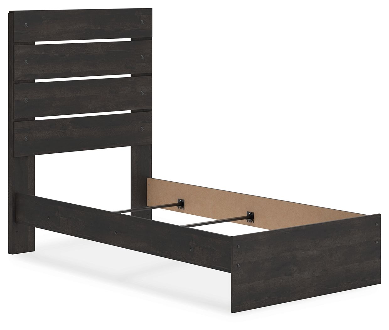 Dark gray panel bed frame with open base reveal, showing interior storage space