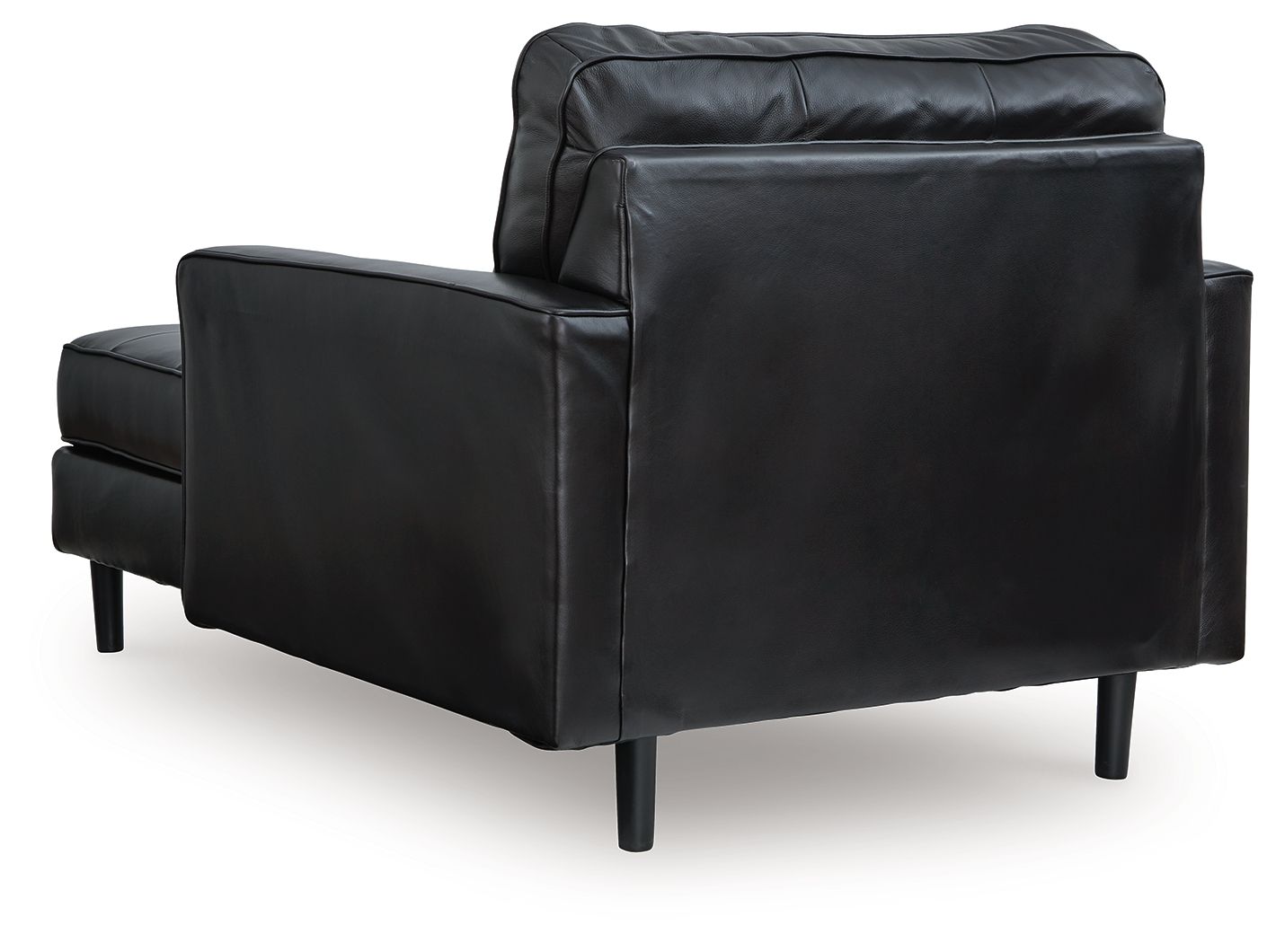 Onyx black leather chaise chair with thick arms, curved backrest, blocky legs