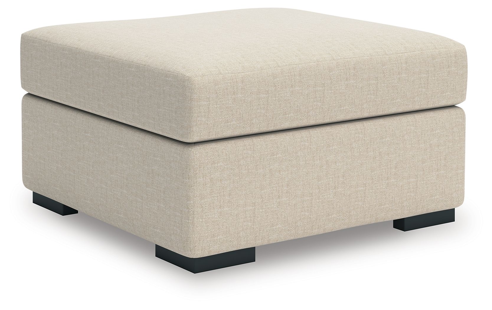 Light beige upholstered ottoman with square arms and black block feet