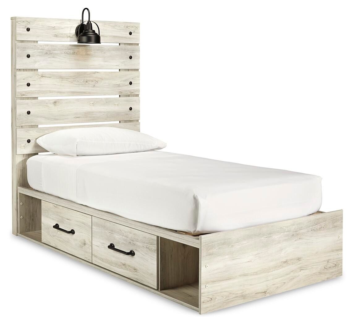 Beige panel bed with white mattress and two front storage drawers, panel footboard