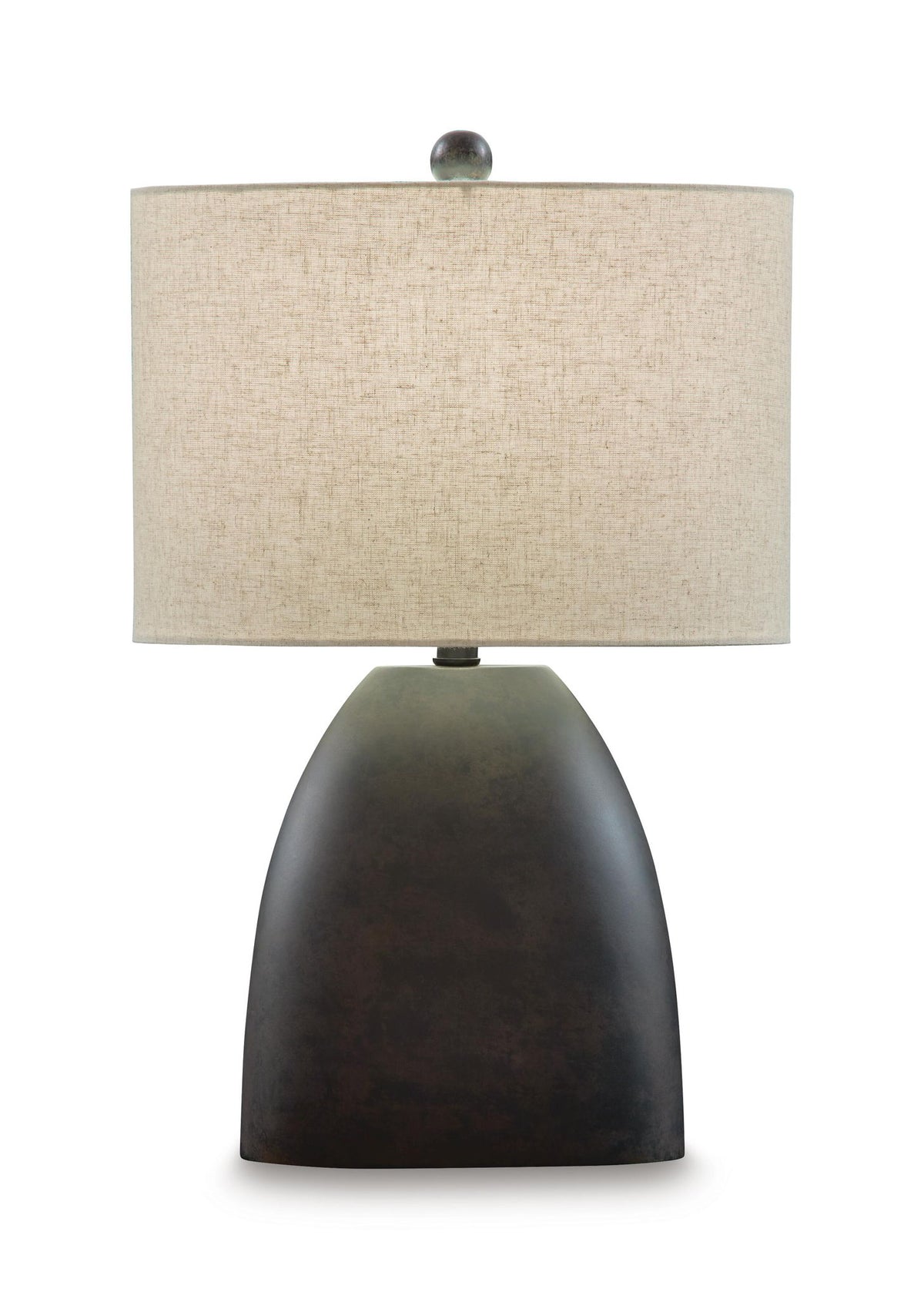 Antique black metal table lamp front view with beige drum shade
