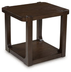 Dark brown rectangular two-tier cocktail table with open lower shelf and thick legs