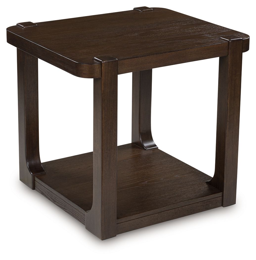 Dark brown rectangular two-tier cocktail table with open lower shelf and thick legs