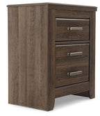 Juararo two-drawer night stand, dark brown woodgrain with three bar pulls