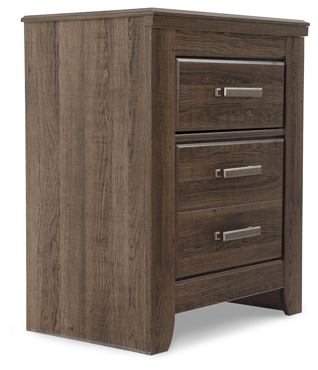 Juararo two-drawer night stand, dark brown woodgrain with three bar pulls