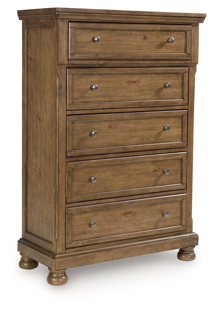 Medium brown wooden five-drawer chest with metal knobs and beveled drawer fronts
