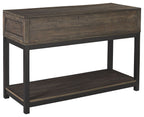 Rectangular sofa table with two drawers and lower shelf, grayish-brown wood