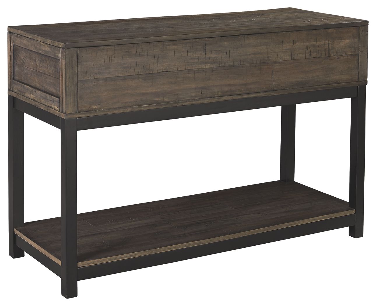 Rectangular sofa table with two drawers and lower shelf, grayish-brown wood