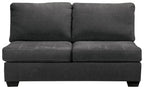 Slate armless loveseat with padded back and two seat cushions