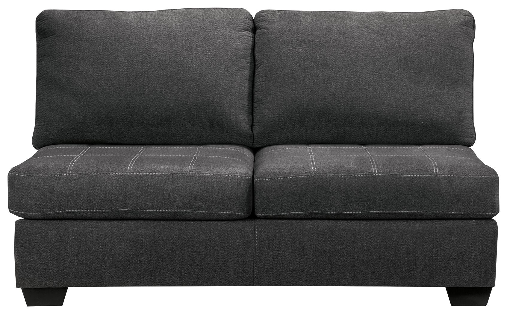 Slate armless loveseat with padded back and two seat cushions