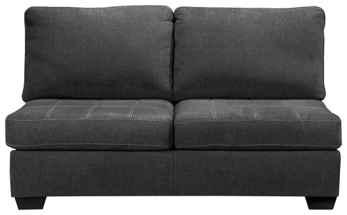 Slate armless loveseat with padded back and two seat cushions