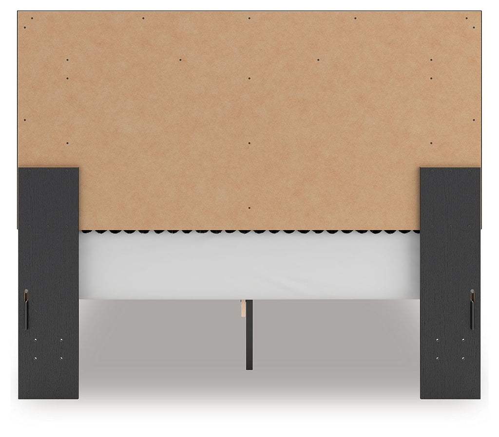 Upholstered panel platform bed underside with dark posts and tan support panel