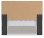 Upholstered panel platform bed underside with dark posts and tan support panel