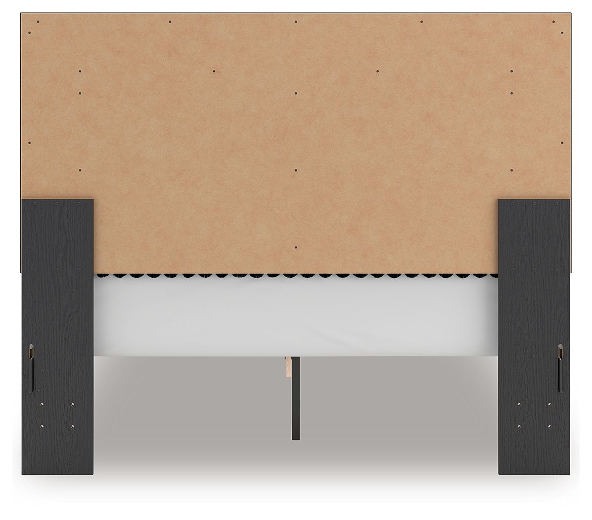 Upholstered panel platform bed underside with dark posts and tan support panel