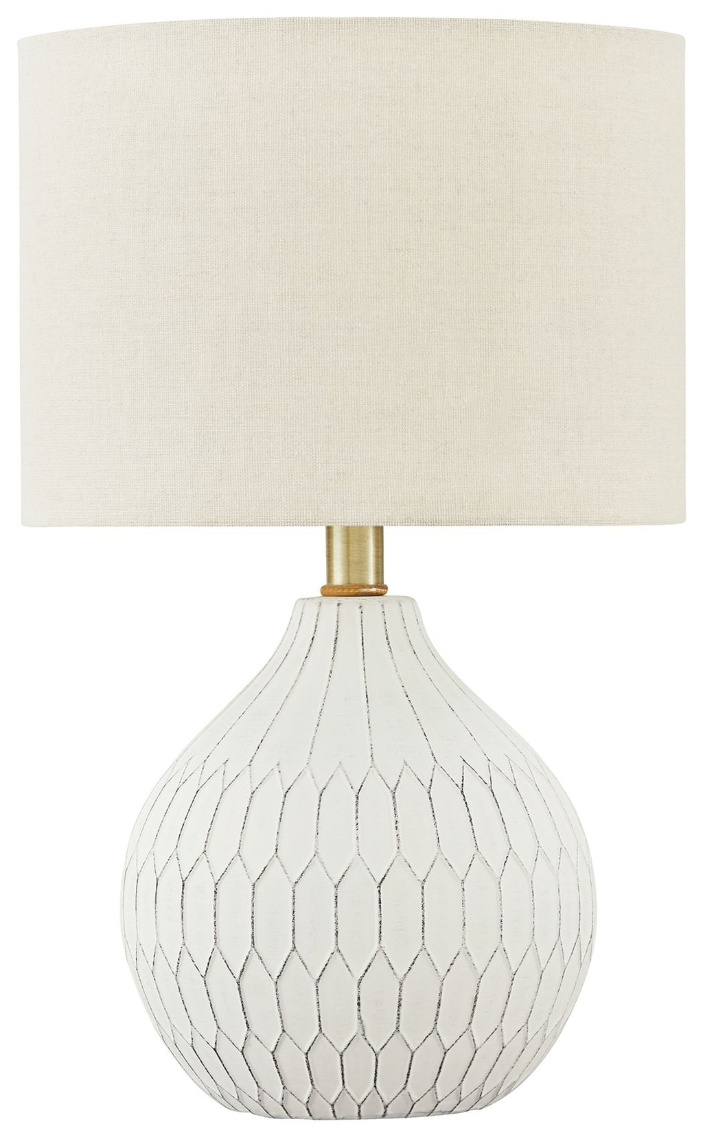 Ceramic table lamp with white fabric shade and white diamond-patterned base, brass stem